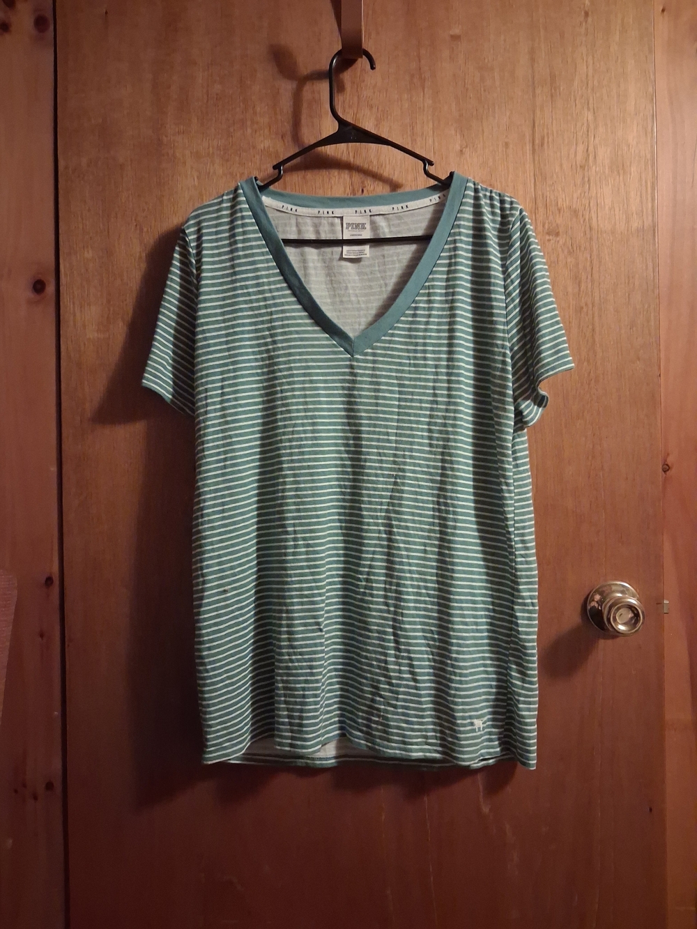PINK Victoria's Secret Men's V-Neck Striped Tee - Green & White